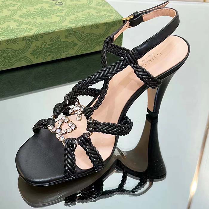 G*u*i women crystal interlocking g sandal black braided leather high 9 cm heel