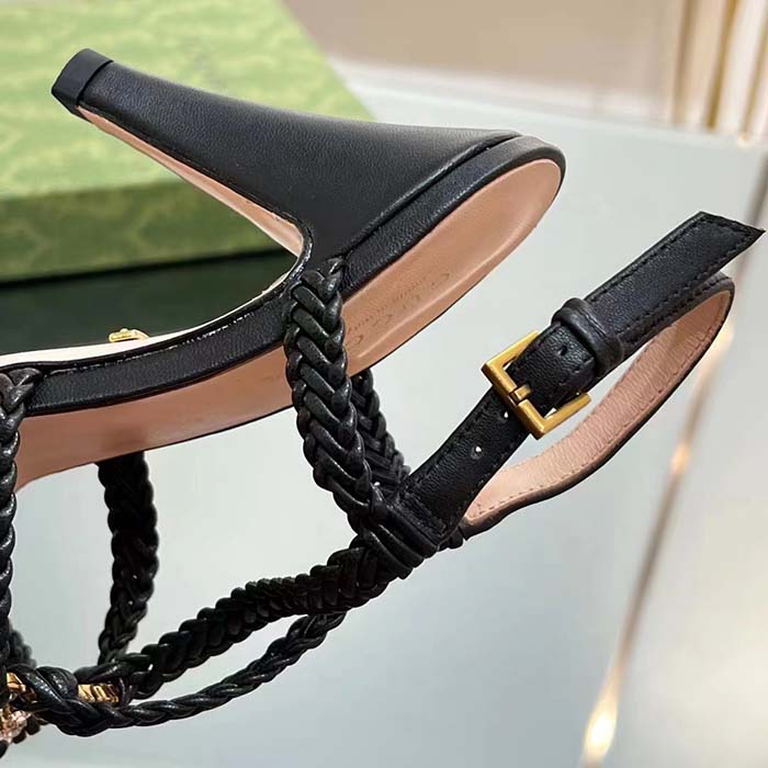 G*u*i women crystal interlocking g sandal black braided leather high 9 cm heel