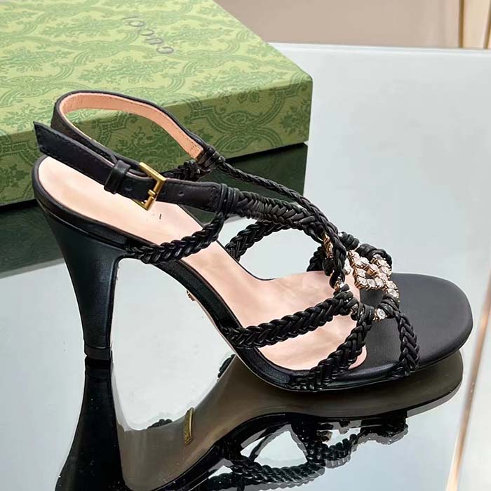 G*u*i women crystal interlocking g sandal black braided leather high 9 cm heel