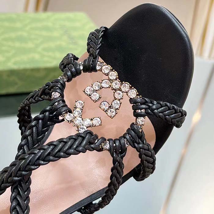 G*u*i women crystal interlocking g sandal black braided leather high 9 cm heel