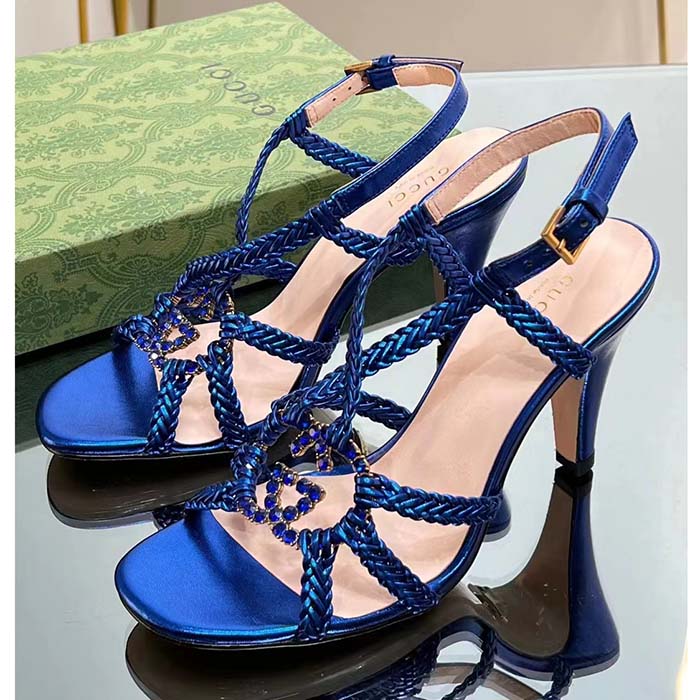 G*u*i women crystal interlocking g sandal blue metallic braided leather high heel