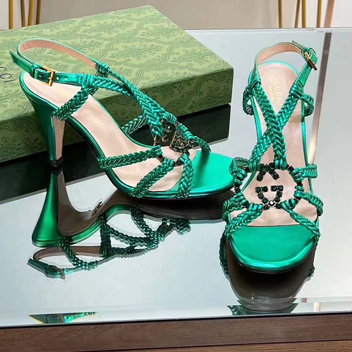 G*u*i women crystal interlocking g sandal green metallic braided leather high heel