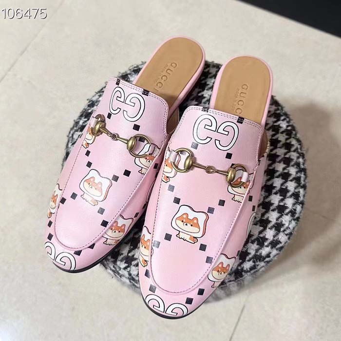G*u*i women gg animal princetown slipper light pink leather horsebit flat