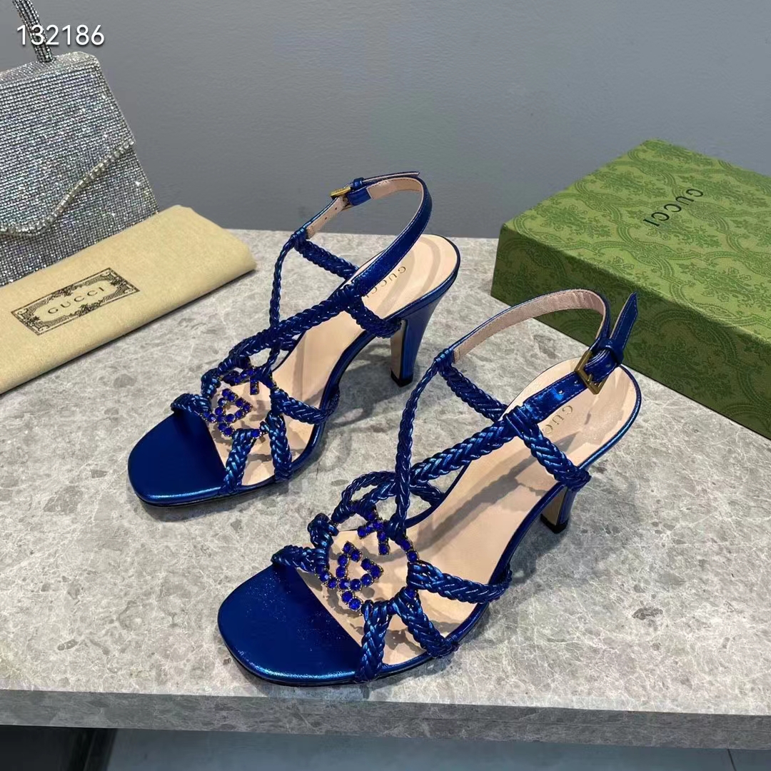G*u*i women gg cystal interlocking g sandal blue metallic braided high 9 cm heel