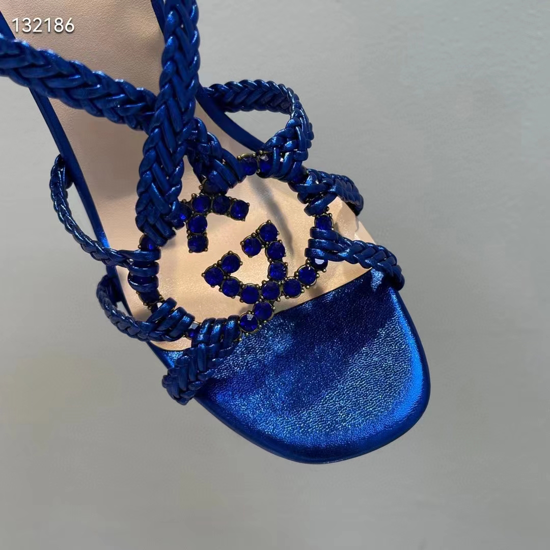G*u*i women gg cystal interlocking g sandal blue metallic braided high 9 cm heel