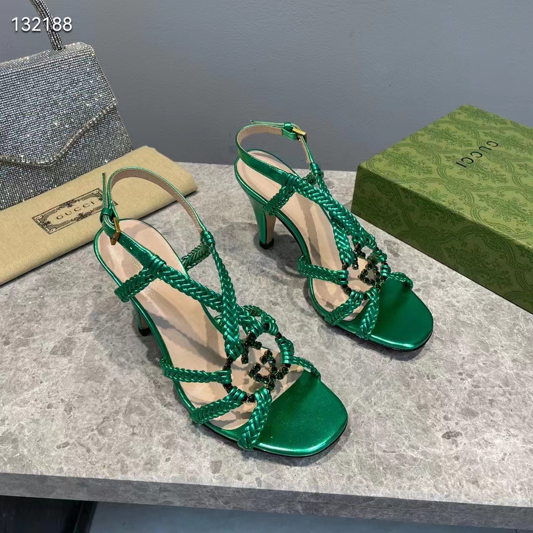 G*u*i women gg cystal interlocking g sandal green metallic braided high 9 cm heel