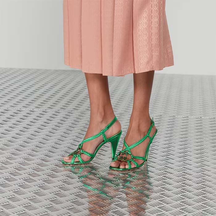 G*u*i women gg cystal interlocking g sandal green metallic braided high 9 cm heel