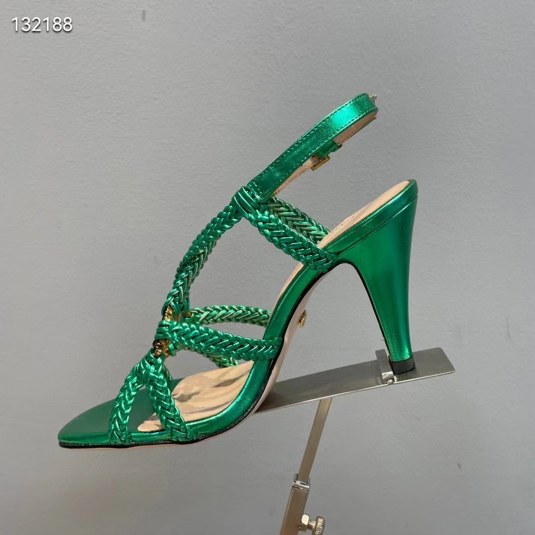 G*u*i women gg cystal interlocking g sandal green metallic braided high 9 cm heel