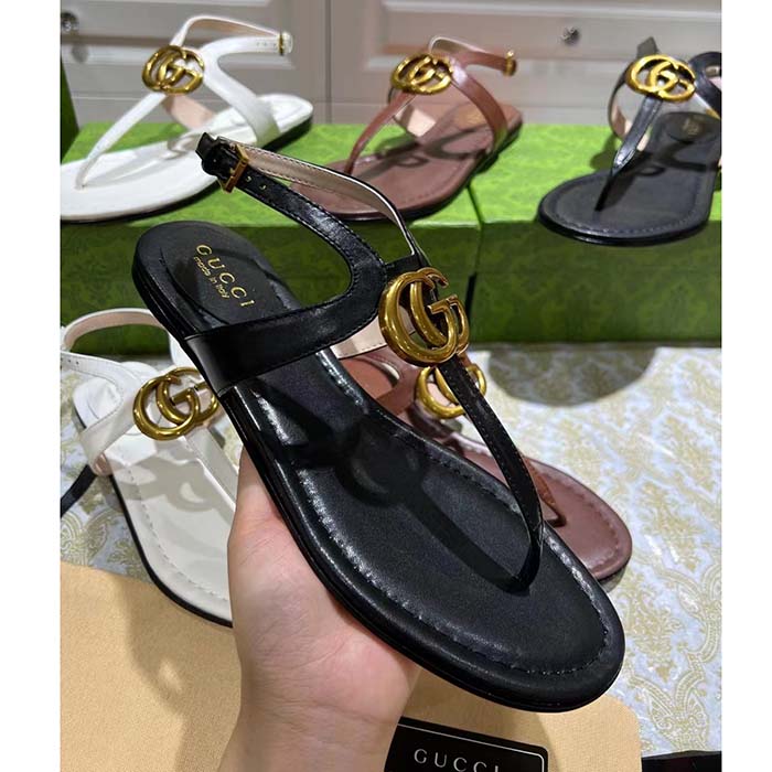 G*u*i women gg double g thong sandal black leather flat 0.5 cm heel