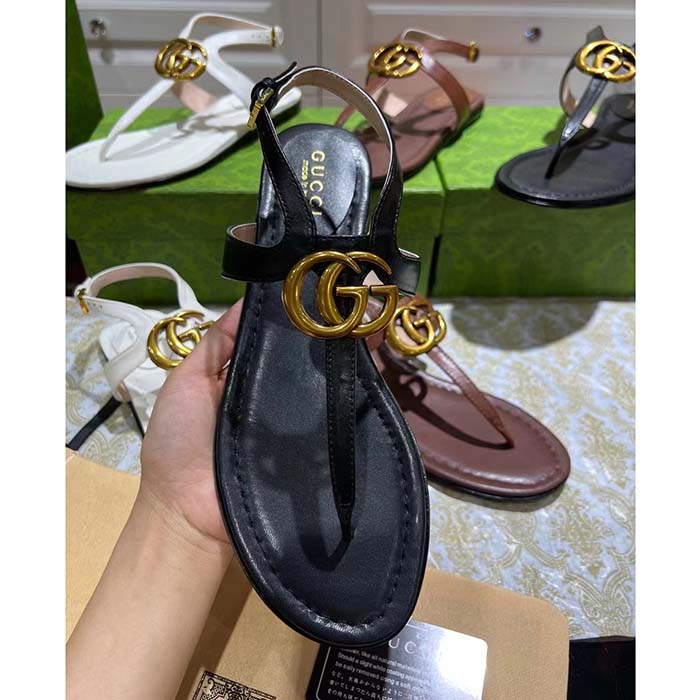 G*u*i women gg double g thong sandal black leather flat 0.5 cm heel