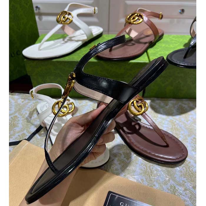 G*u*i women gg double g thong sandal black leather flat 0.5 cm heel
