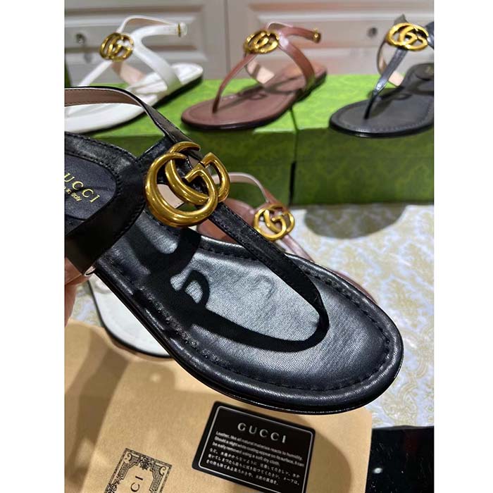 G*u*i women gg double g thong sandal black leather flat 0.5 cm heel