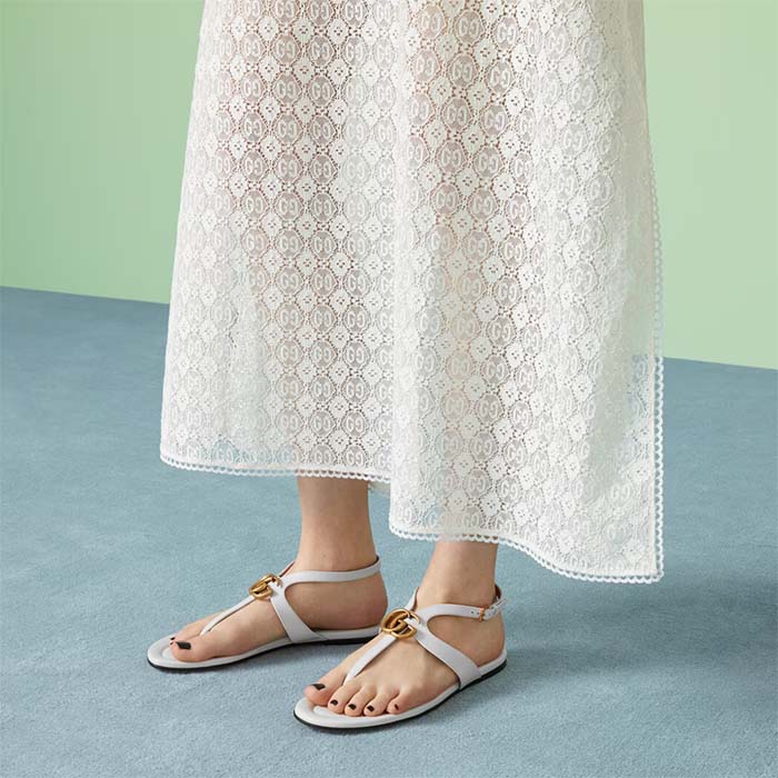 G*u*i women gg double g thong sandal white leather flat 0.5 cm heel