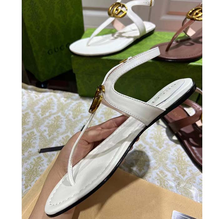 G*u*i women gg double g thong sandal white leather flat 0.5 cm heel