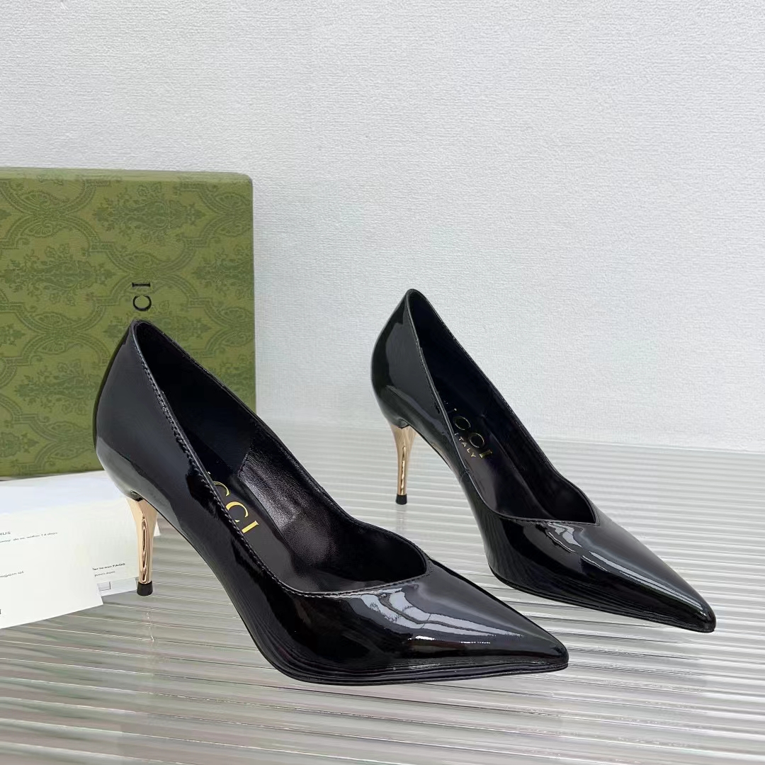 G*u*i women gg high heel pump black leather pointed toe 10 cm heel