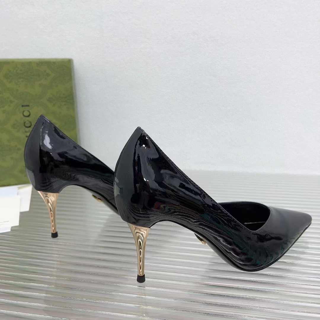 G*u*i women gg high heel pump black leather pointed toe 10 cm heel