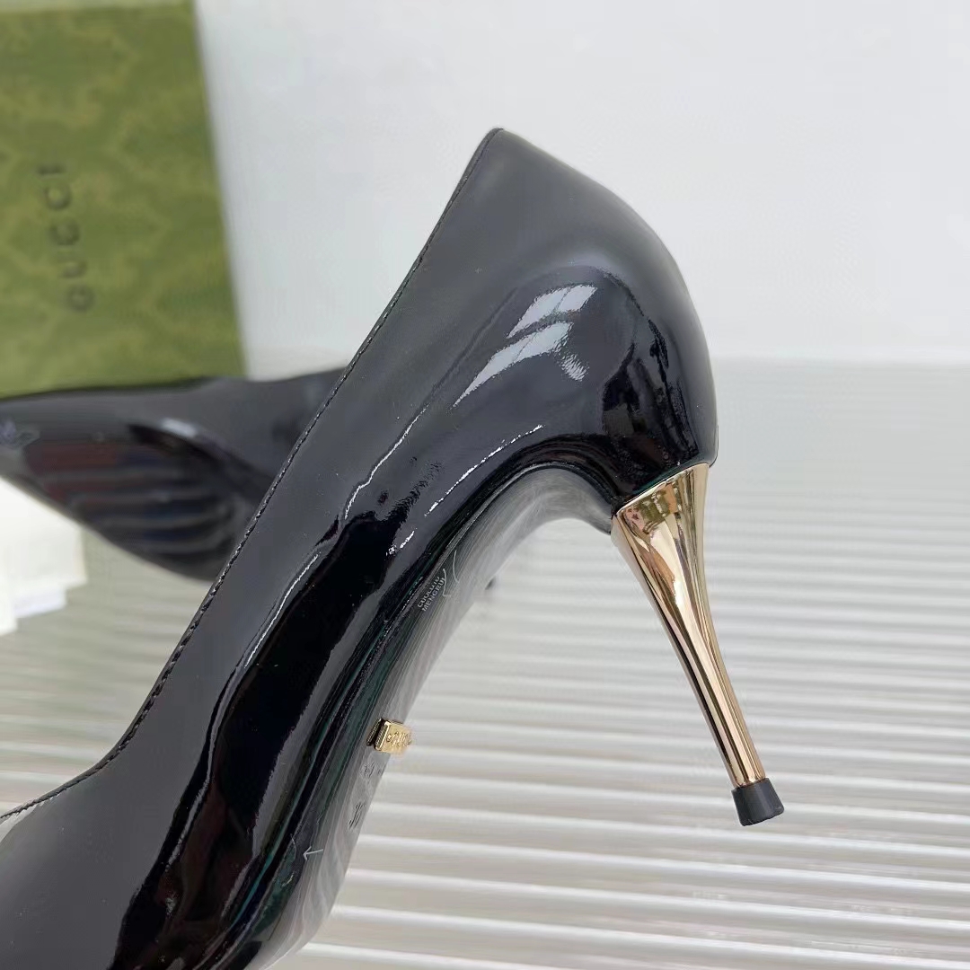 G*u*i women gg high heel pump black leather pointed toe 10 cm heel