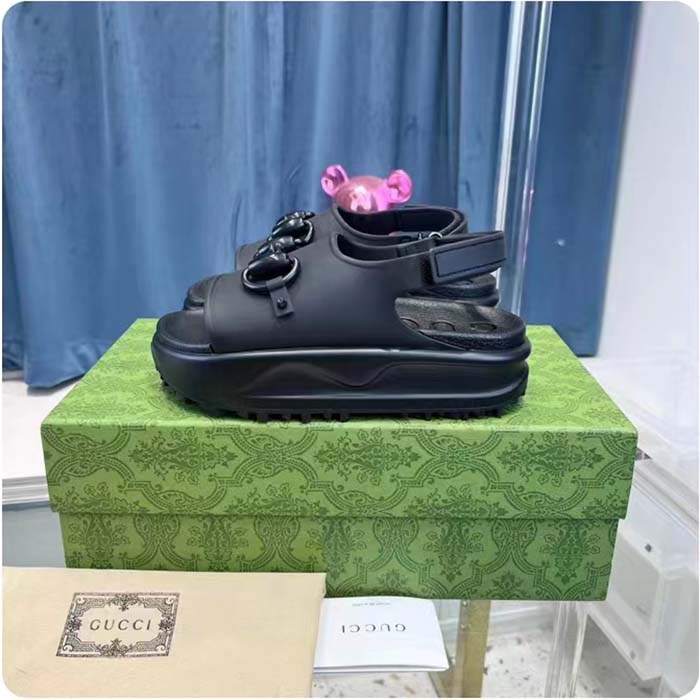 G*u*i women gg horsebit platform sandal black rubber velcro strap closure