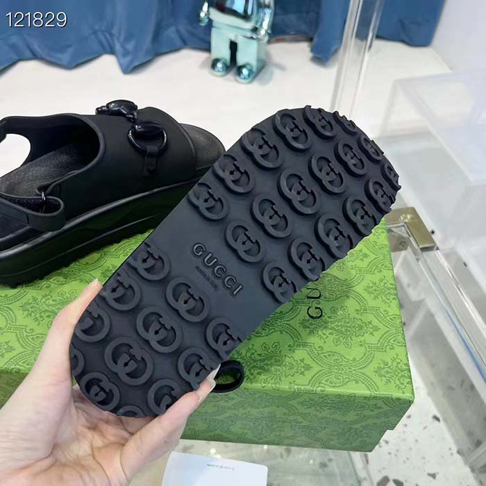 G*u*i women gg horsebit platform sandal black rubber velcro strap closure
