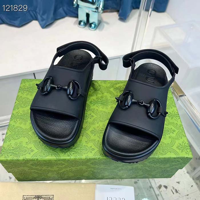 G*u*i women gg horsebit platform sandal black rubber velcro strap closure