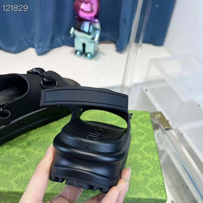 G*u*i women gg horsebit platform sandal black rubber velcro strap closure