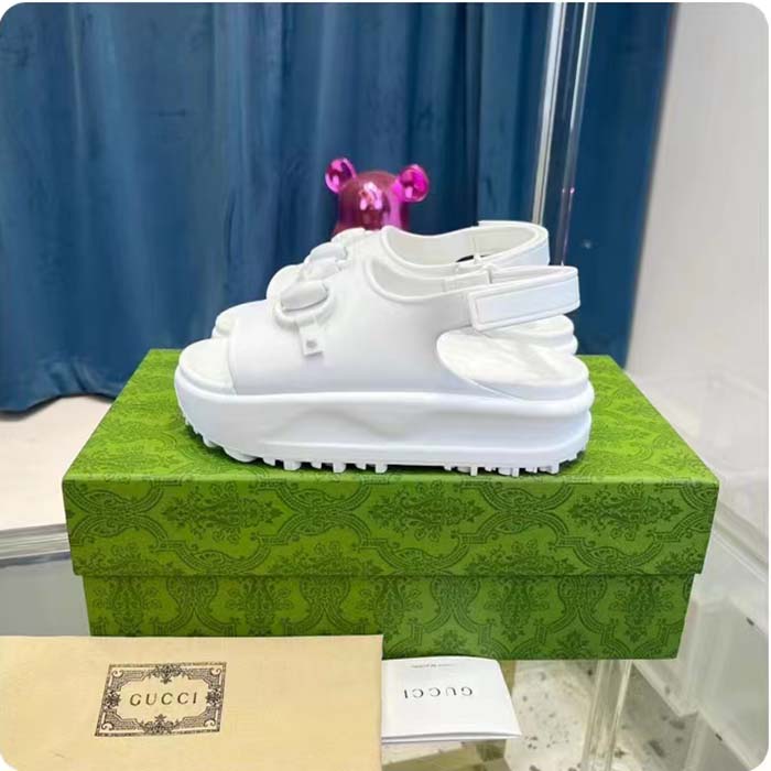 G*u*i women gg horsebit platform sandal white rubber velcro strap closure