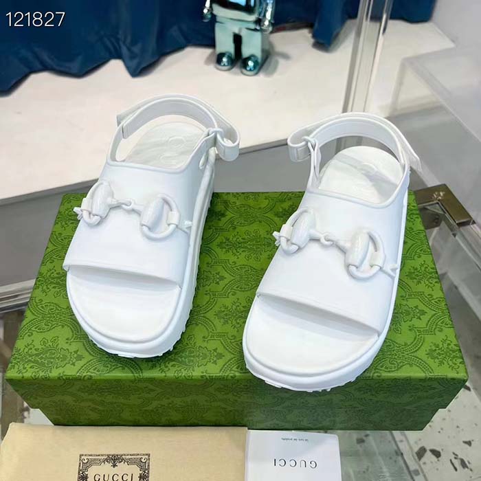 G*u*i women gg horsebit platform sandal white rubber velcro strap closure