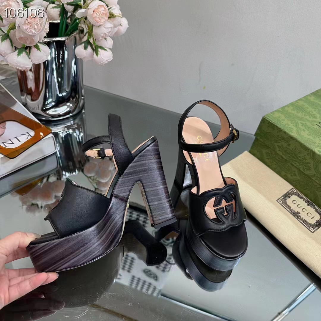 G*u*i women gg interlocking g sandal black leather wooden high 12 cm heel