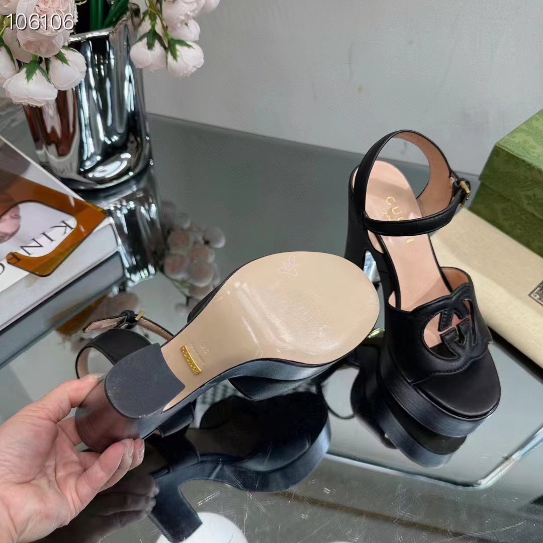 G*u*i women gg interlocking g sandal black leather wooden high 12 cm heel