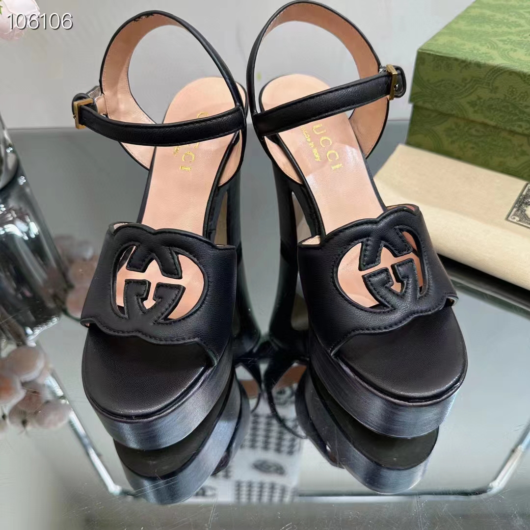 G*u*i women gg interlocking g sandal black leather wooden high 12 cm heel