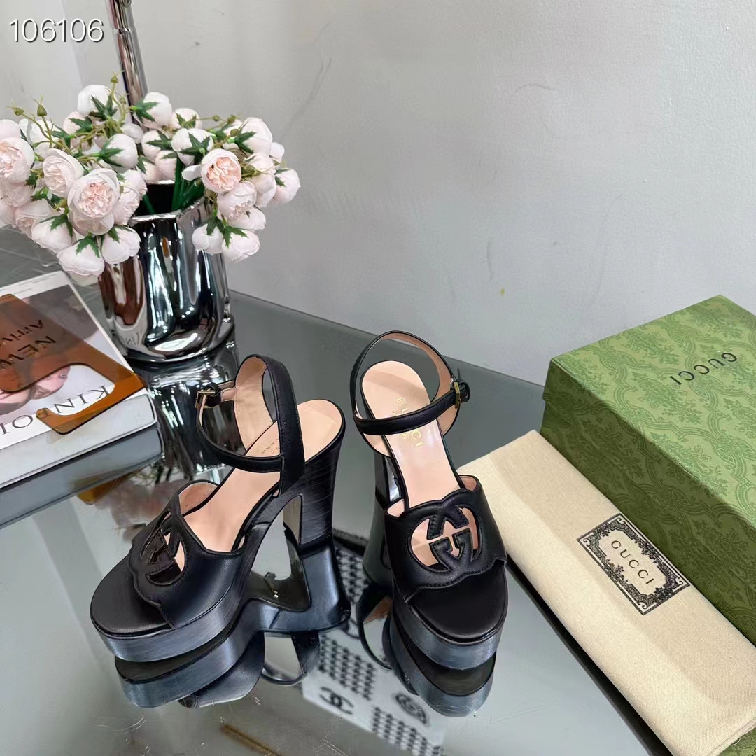 G*u*i women gg interlocking g sandal black leather wooden high 12 cm heel