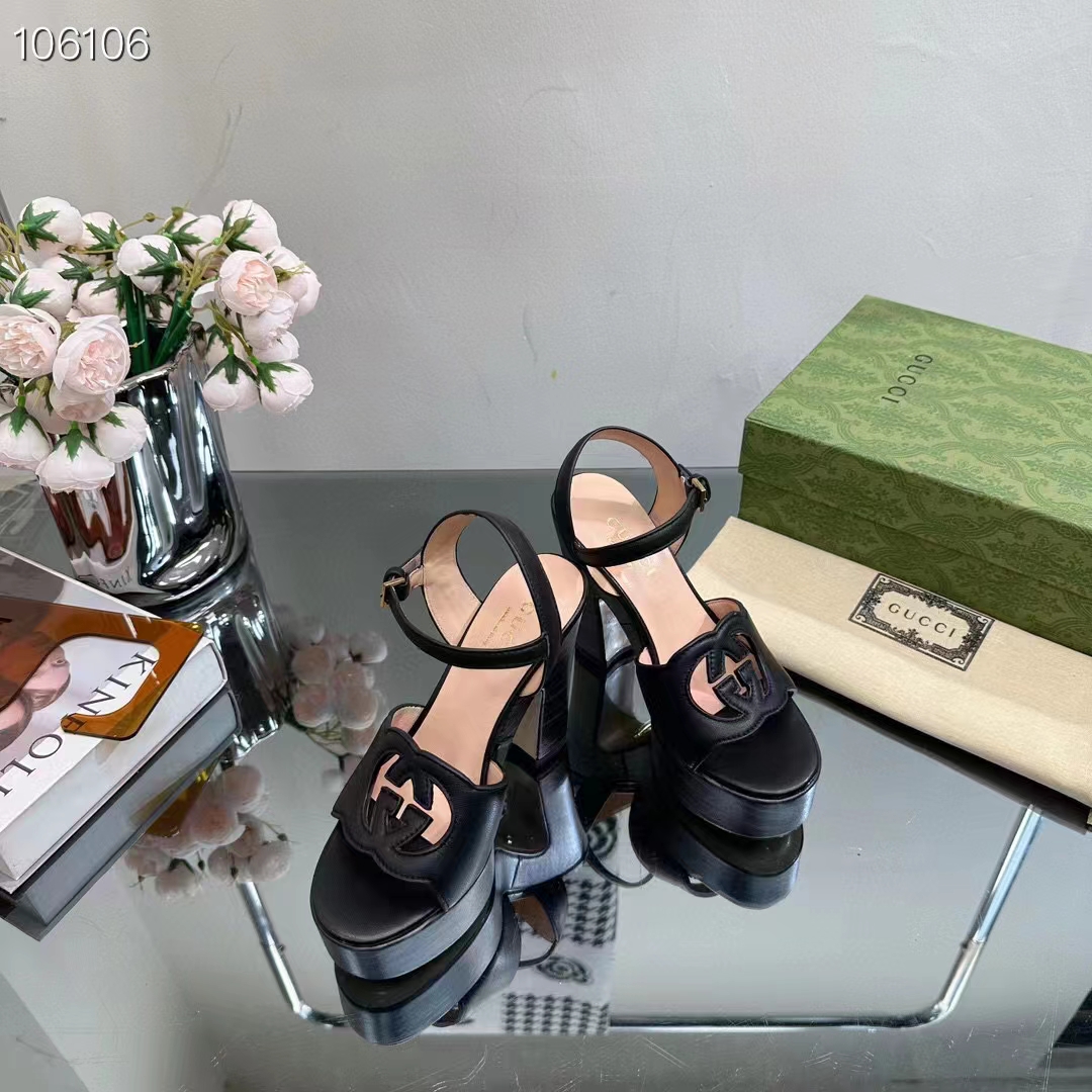G*u*i women gg interlocking g sandal black leather wooden high 12 cm heel