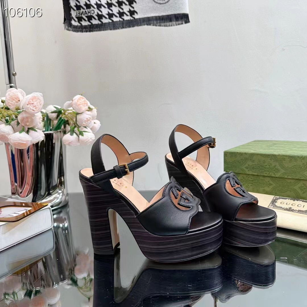 G*u*i women gg interlocking g sandal black leather wooden high 12 cm heel