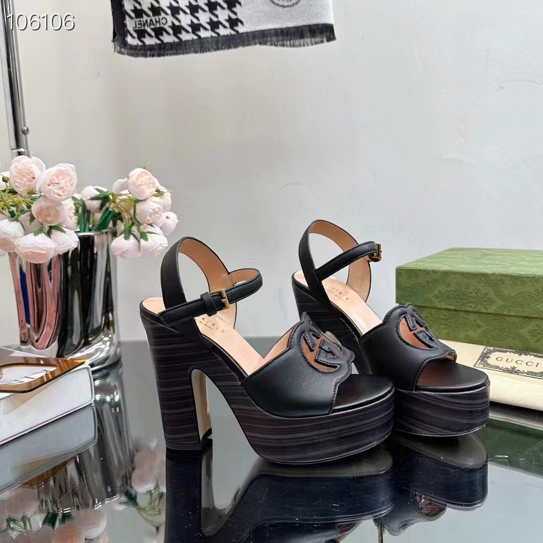 G*u*i women gg interlocking g sandal black leather wooden high 12 cm heel