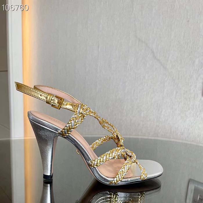 G*u*i women gg nojum high heel sandal metallic platinum silver braided leather 9 cm