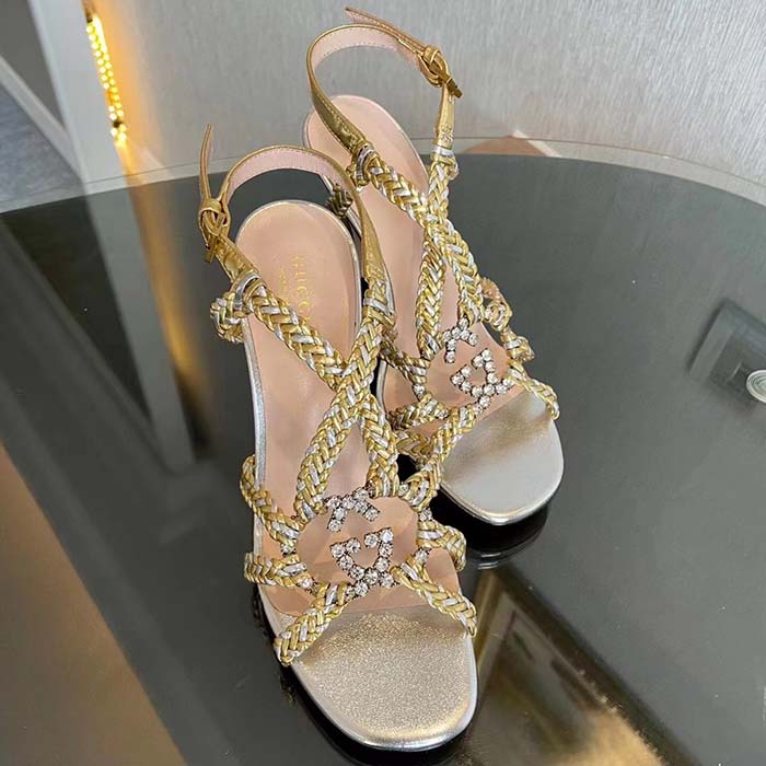 G*u*i women gg nojum high heel sandal metallic platinum silver braided leather 9 cm