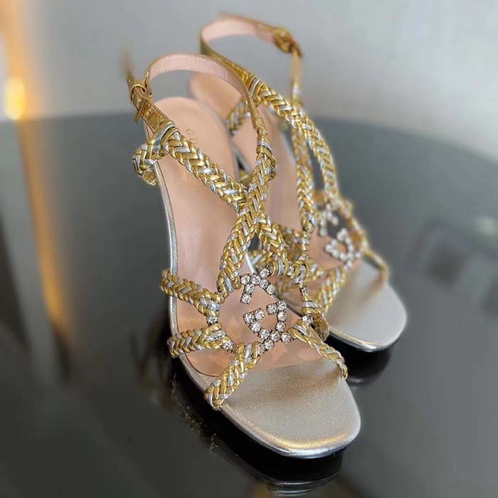 G*u*i women gg nojum high heel sandal metallic platinum silver braided leather 9 cm