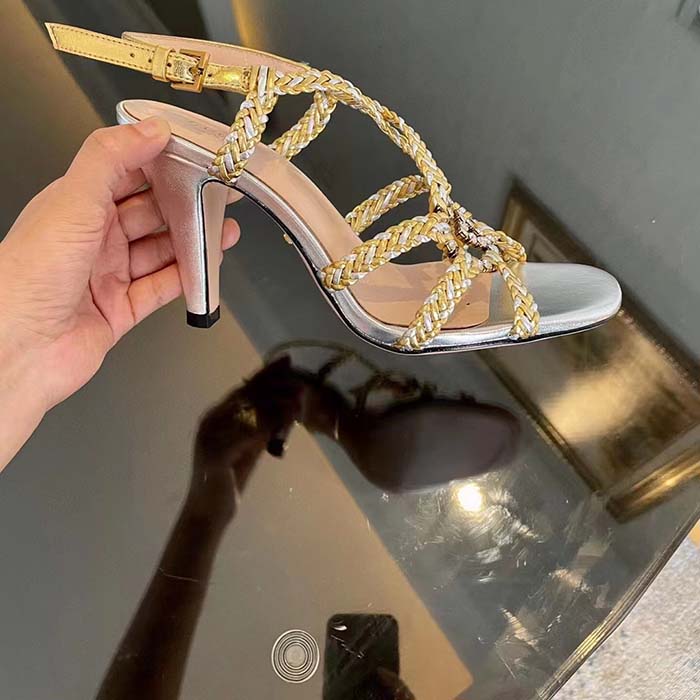 G*u*i women gg nojum high heel sandal metallic platinum silver braided leather 9 cm