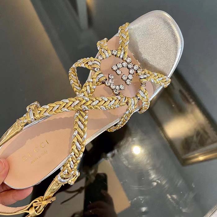 G*u*i women gg nojum high heel sandal metallic platinum silver braided leather 9 cm