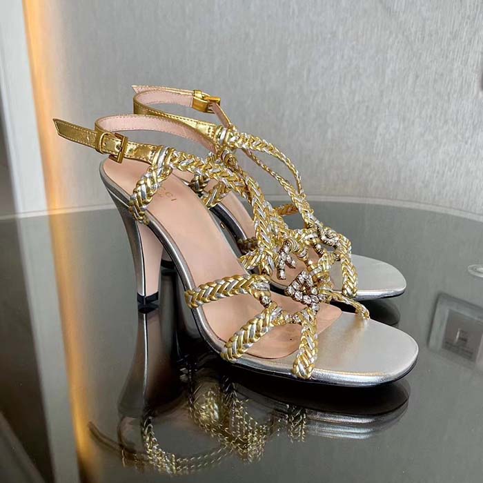 G*u*i women gg nojum high heel sandal metallic platinum silver braided leather 9 cm