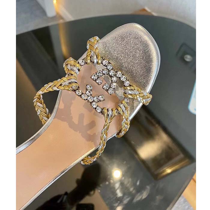 G*u*i women gg nojum slide sandal metallic platinum silver braided leather mid-heel