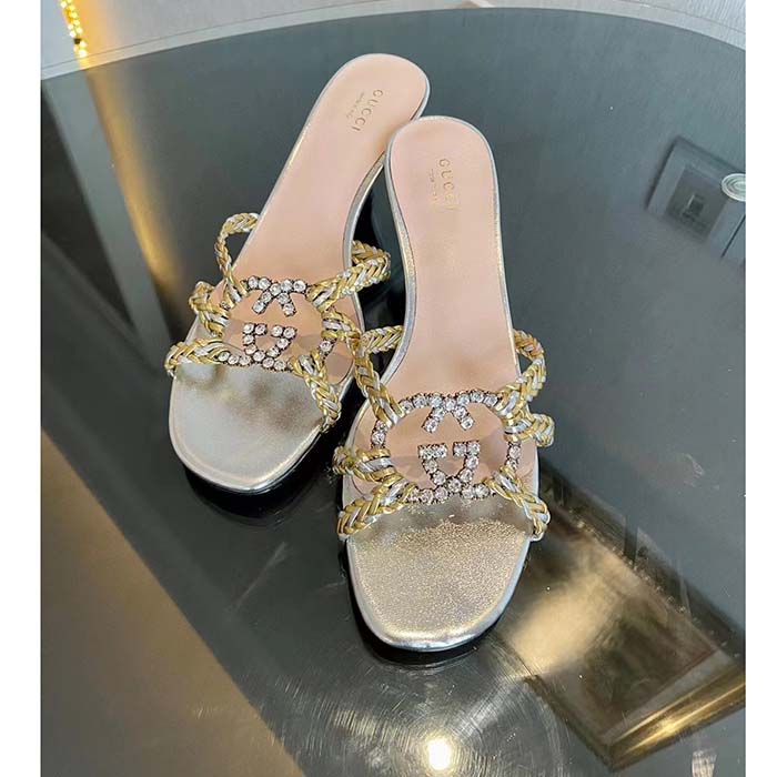 G*u*i women gg nojum slide sandal metallic platinum silver braided leather mid-heel