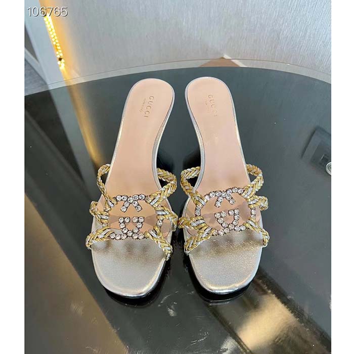 G*u*i women gg nojum slide sandal metallic platinum silver braided leather mid-heel