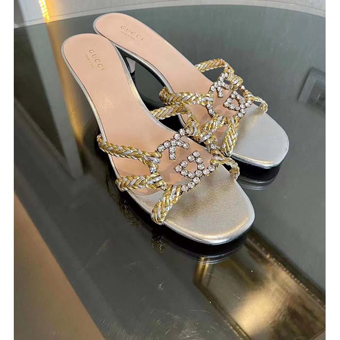 G*u*i women gg nojum slide sandal metallic platinum silver braided leather mid-heel