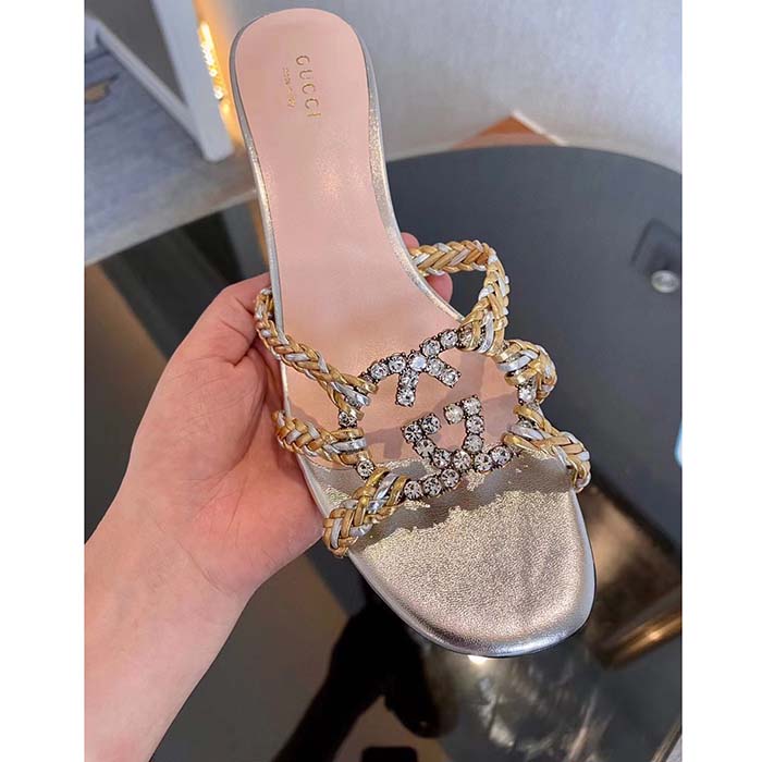 G*u*i women gg nojum slide sandal metallic platinum silver braided leather mid-heel