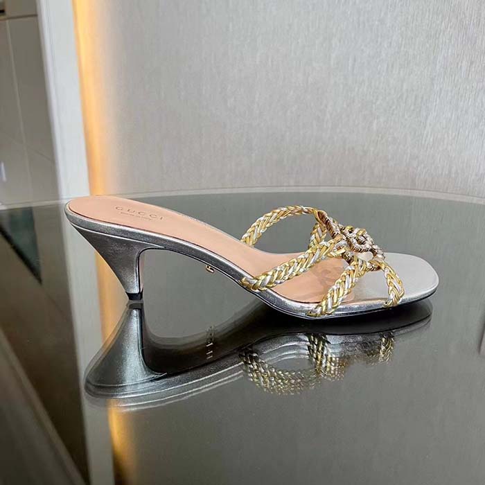 G*u*i women gg nojum slide sandal metallic platinum silver braided leather mid-heel