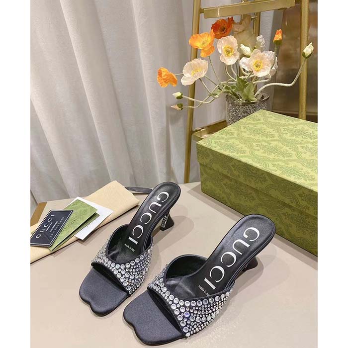 G*u*i women gg slide sandal crystals black silk satin mid 6 cm heel