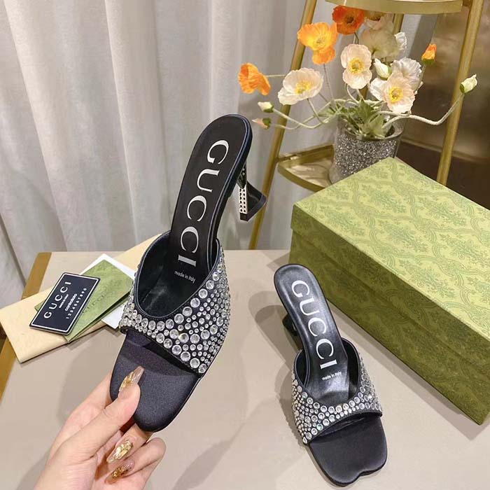 G*u*i women gg slide sandal crystals black silk satin mid 6 cm heel