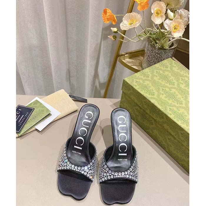 G*u*i women gg slide sandal crystals black silk satin mid 6 cm heel