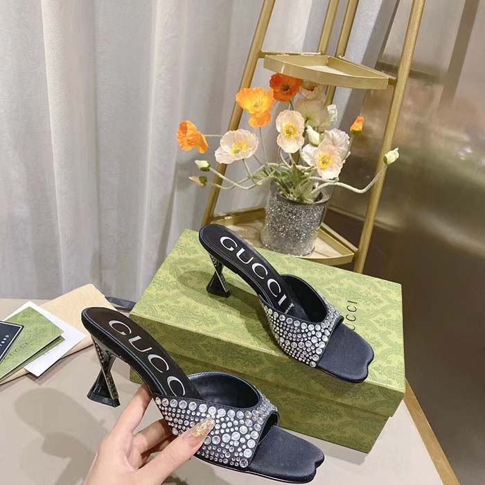 G*u*i women gg slide sandal crystals black silk satin mid 6 cm heel